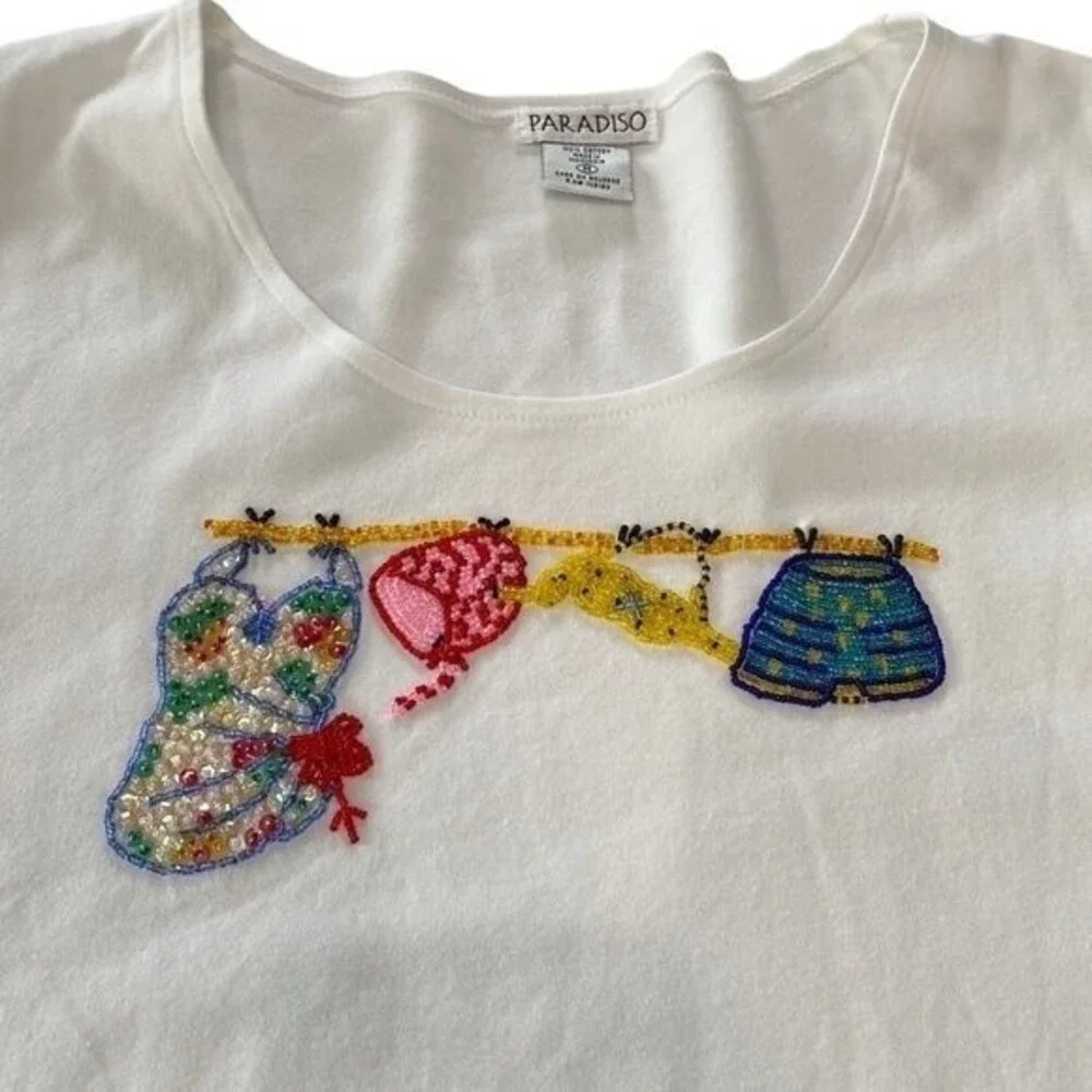 PARADISO Clothes Line Beaded Short Sleeve Cropped Tee Top Cotton Scoop Neck Cute - Picture 8 of 11